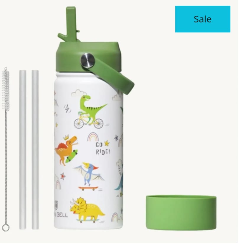 Dino Adventure Stainless Steel Kids Water Bottle with Straw – Green