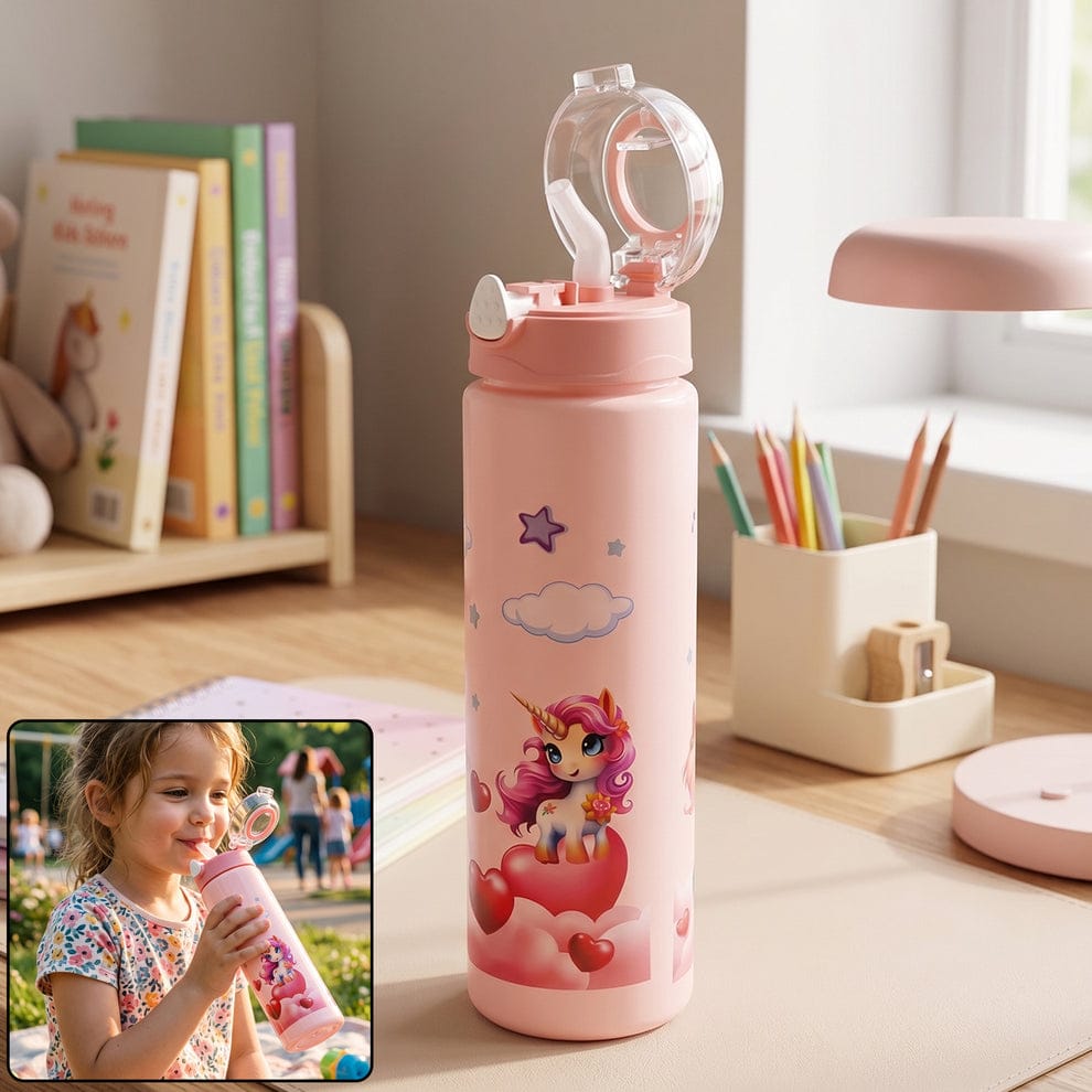 Kids Pink Unicorn Printed Insulated Water Bottle with Clear Pop-Up Cap
